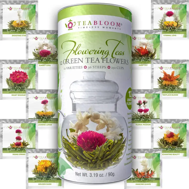 Teabloom Flowering Tea 12 Unique Varieties Of Fresh Blooming Tea Flowers Hand Tied Natural Green Tea Leaves Edible Flowers 12 Pack Gift Canister 36 Steeps Makes 250 Cups Lazada Ph