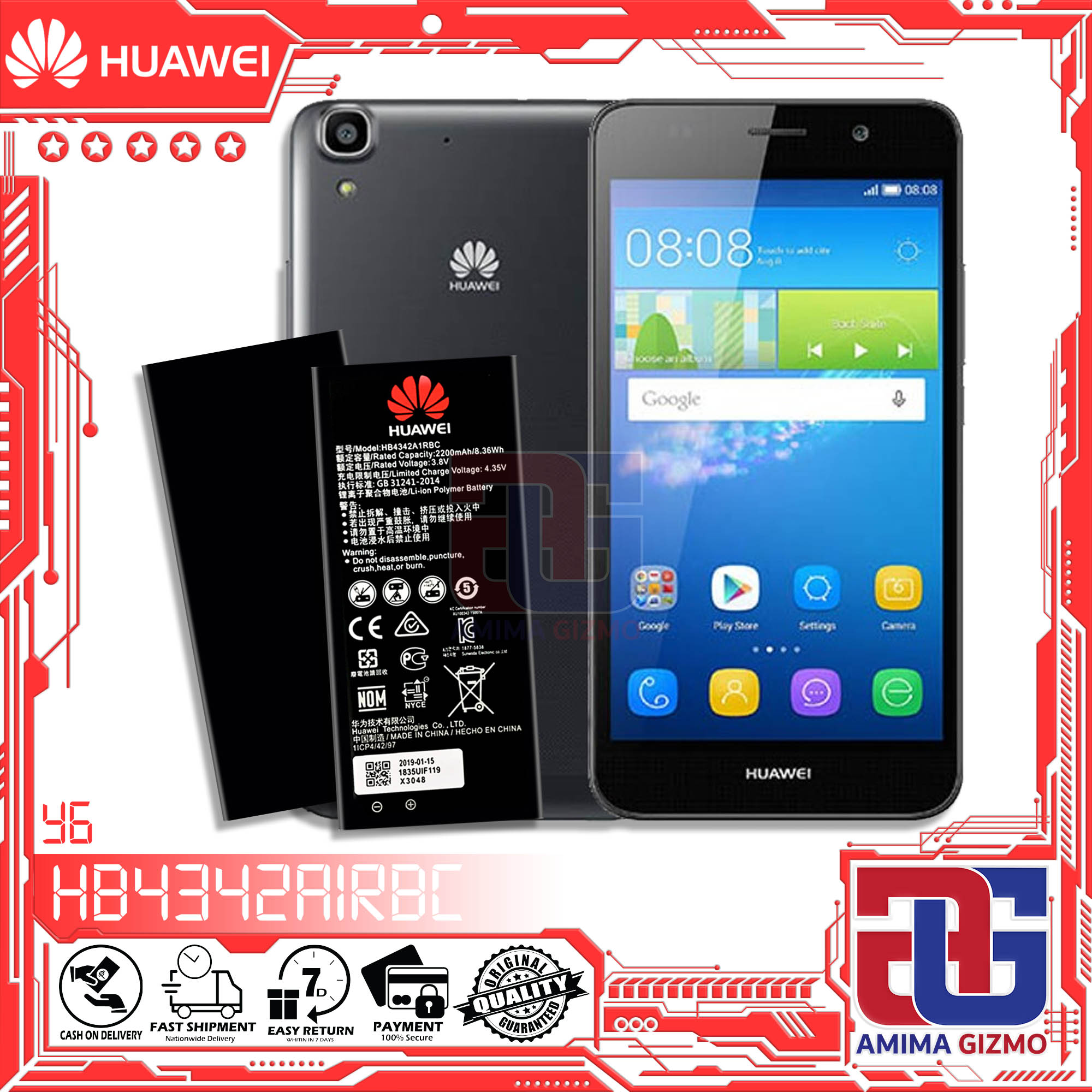 Huawei Y6 2015 Original Quality and Capacity Model HB4342A1RBC. Fit for SCC-U21, SCL-U31, SCC-U21 / Honor 5 Play / Honor 4A . AMIMA Gizmo Removable Replacement Same Size as