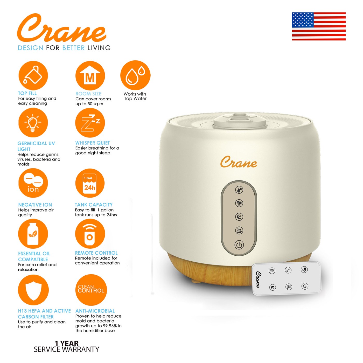 Crane 5in1 Top Fill Humidifier Ultrasonic Warm and Cool Mist + Air