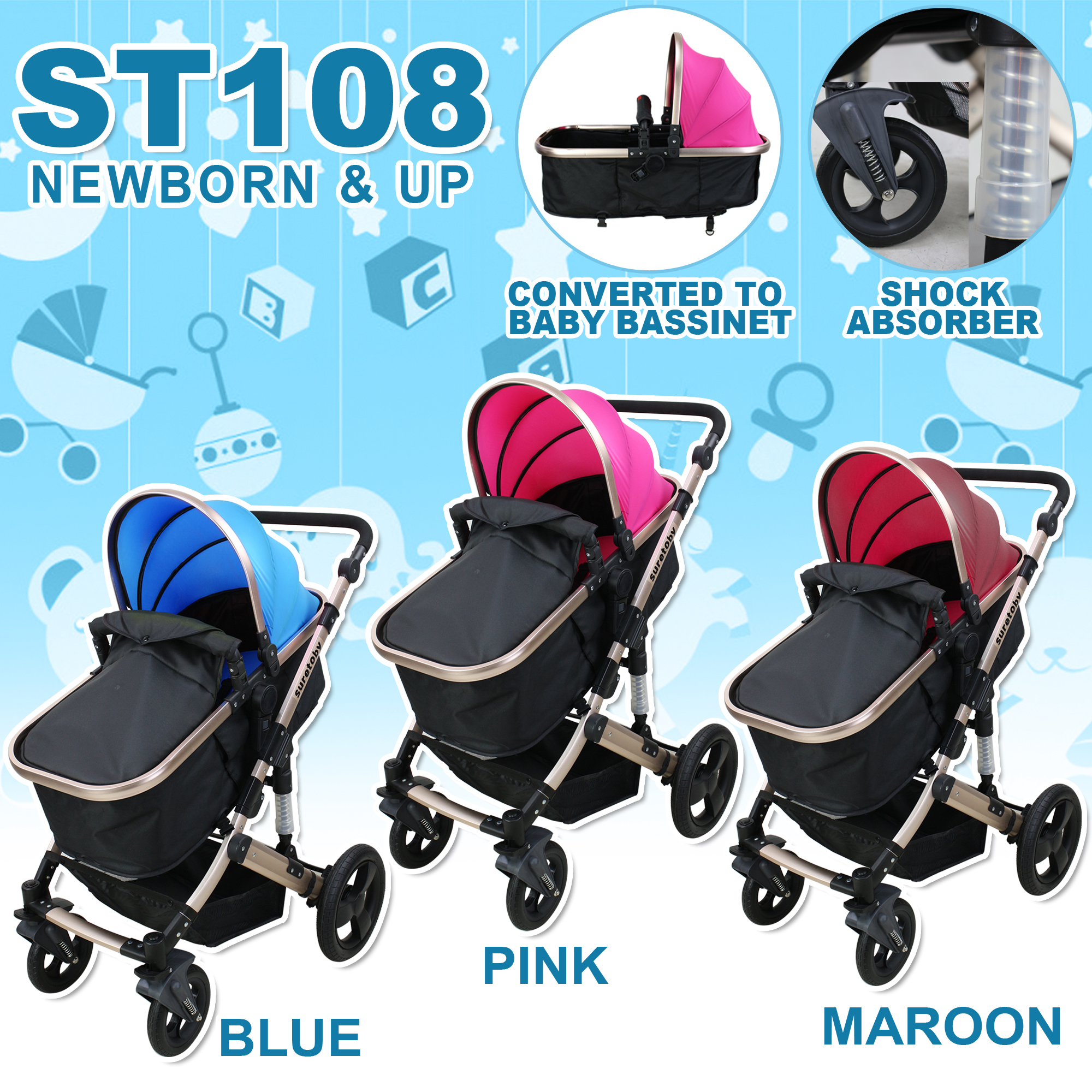 Color : Gray Color : White Compact 3 in 1 Baby Stroller,Baby Carriage with Adjustable Shock Absorber and High Storage Basket，Foldable Pram Stroller Htz Pushchair for Newborn and Toddler 