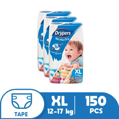 Drypers Wee Wee Dry Mega Pack XL (12 - 17kg) - 50 pcs x 3 packs (150 pcs) - Tape Diapers