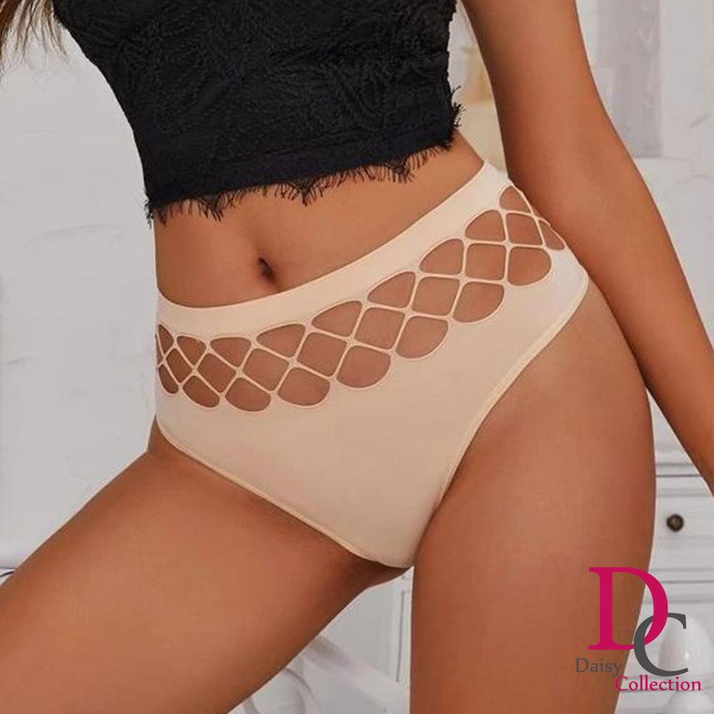 BIGFASHION Thong Panty Fishnet Slim Waist High Elastic Comfortable