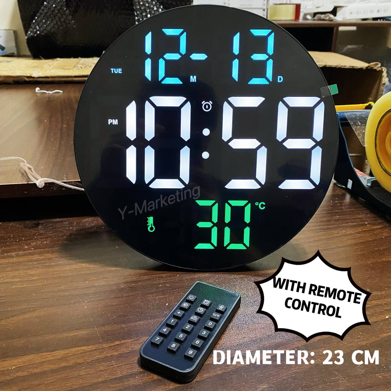 (8010) Round Digital Alarm Clock Can Wall Hang Or Display Stand (White