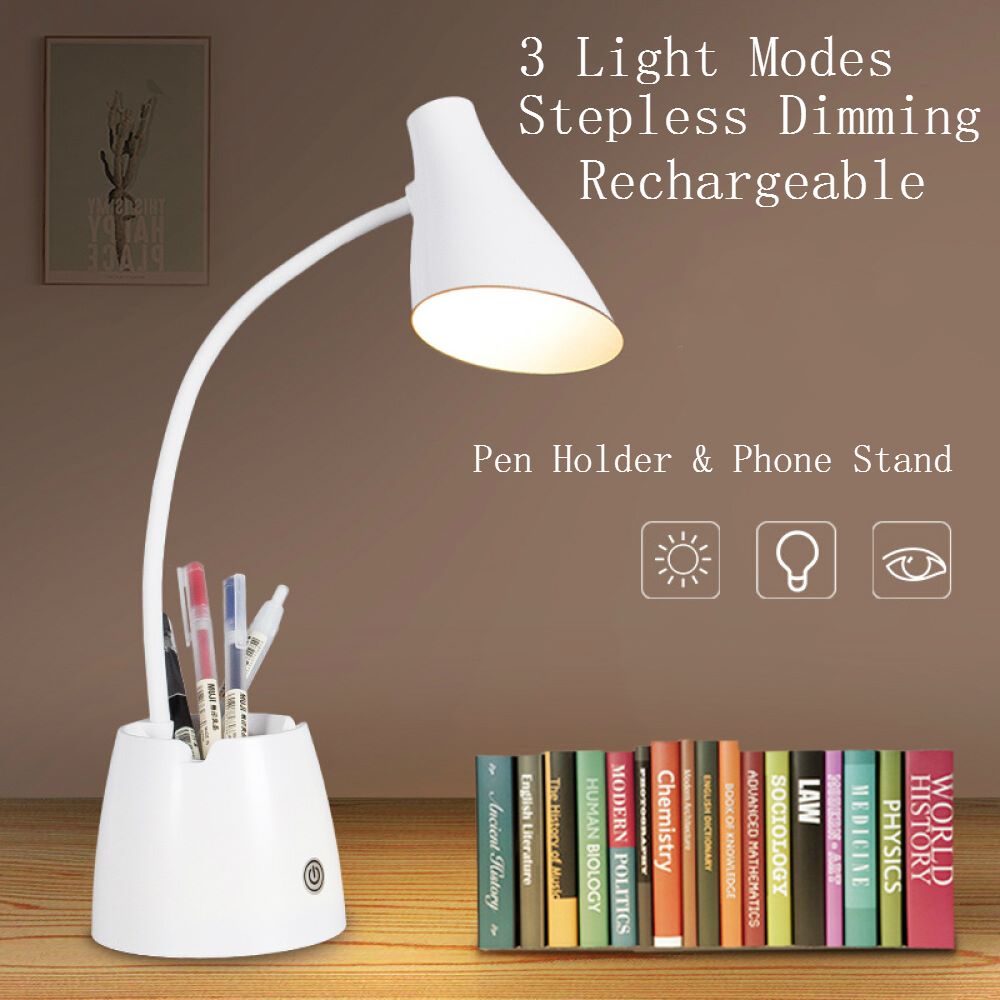 Desk Lamp - 3 In Multi-Function Study Reading LED Desk Lamp with & Phone Stand, 3 Light Modes & Stepless Dimming Rechargeable Night With USB Charging Port, 360°