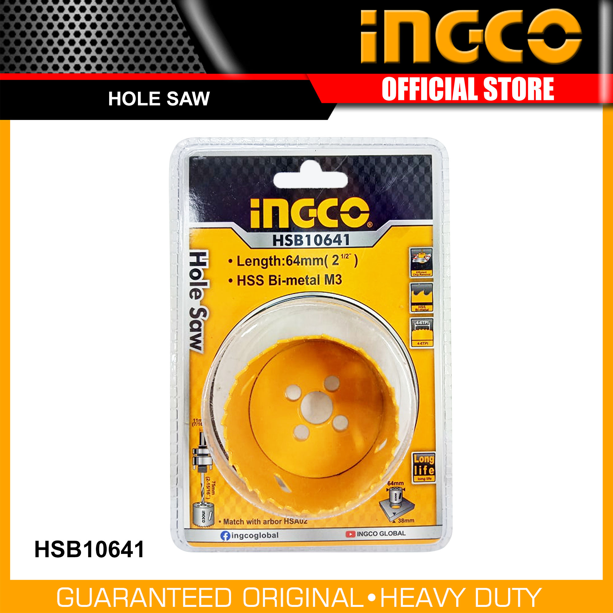 Ingco HSB10641 64mm Hole Saw with HSS M3 BiMetal Material IHT Lazada PH