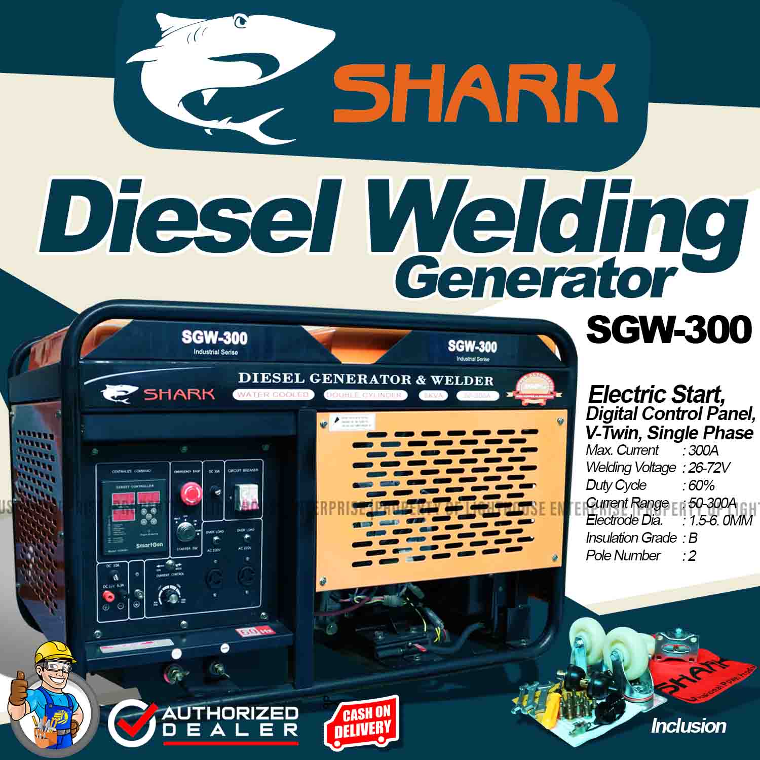 SHARK ITALY 4.5kva 300A Open Type Water Cooled Diesel Welding Generator