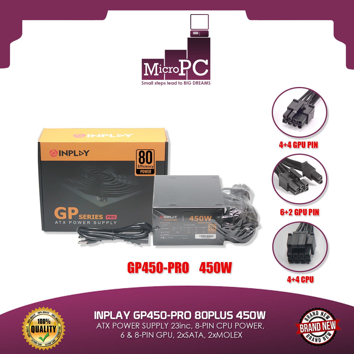 INPLAY GP450PRO 80PLUS 450W ATX POWER SUPPLY 23inc, 8PIN CPU POWER, 6