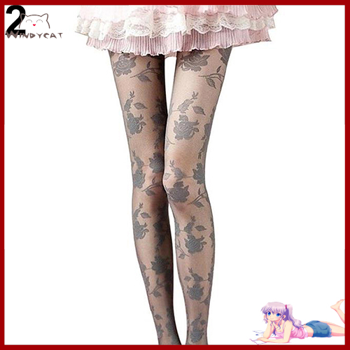 Women Fashion Rose Pattern Tight Lace Pantyhose Sexy See-through Stockings  