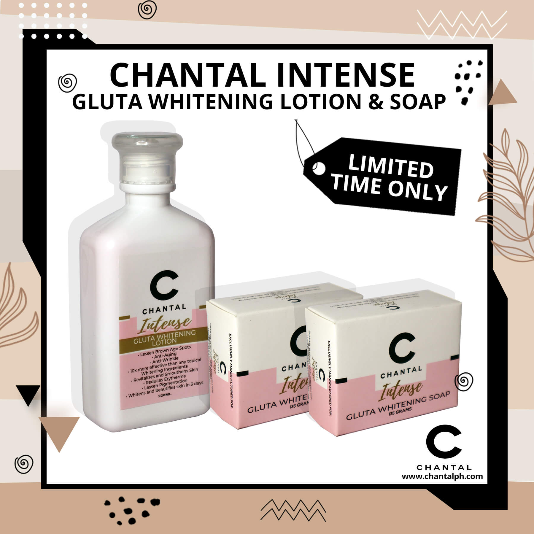 CHANTAL INTENSE GLUTA WHITENING SET LOTION Kojic Acid Vitamin C Vitamin