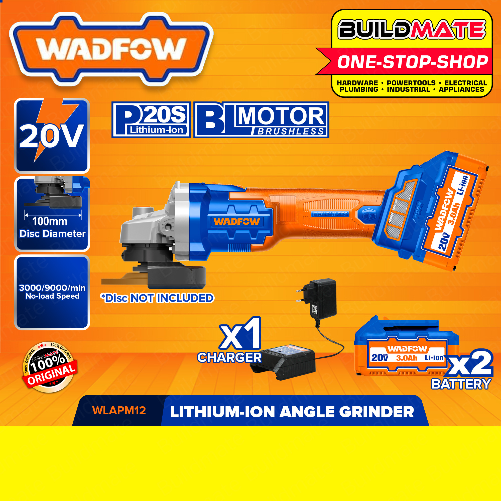 WADFOW Cordless LiIon LithiumIon 20V Angle Grinder Brushless Motor