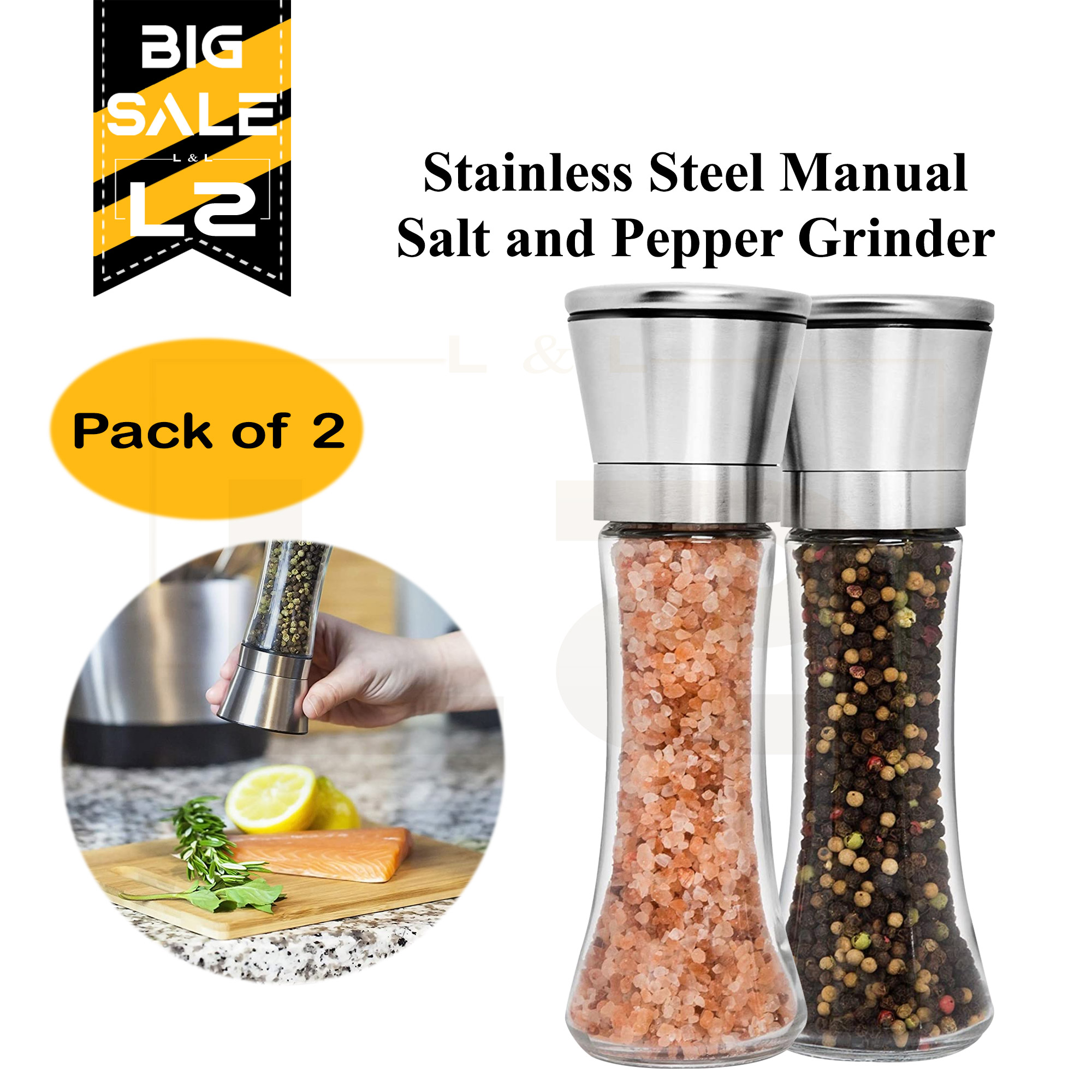 Pepper Mill & Salt Mill Tall Glass Salt and Pepper Shakers Premium Stainless Steel Salt and Pepper Grinder Set of 2 Adjustable Ceramic Sea Salt Grinder & Pepper Grinder 