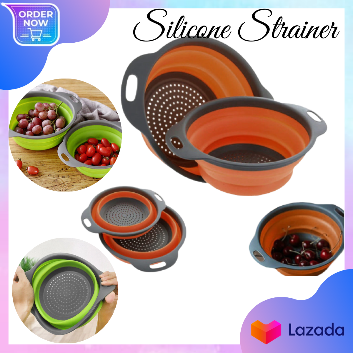 WALFOS 2pcs Foldable Silicone Collapsible Kitchen Colander Vegetable Strainer 