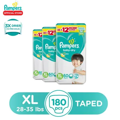 Pampers Baby Dry Taped Diaper Value Pack Extra Large 60 x 3 packs (180 diapers) - (11-17kg)