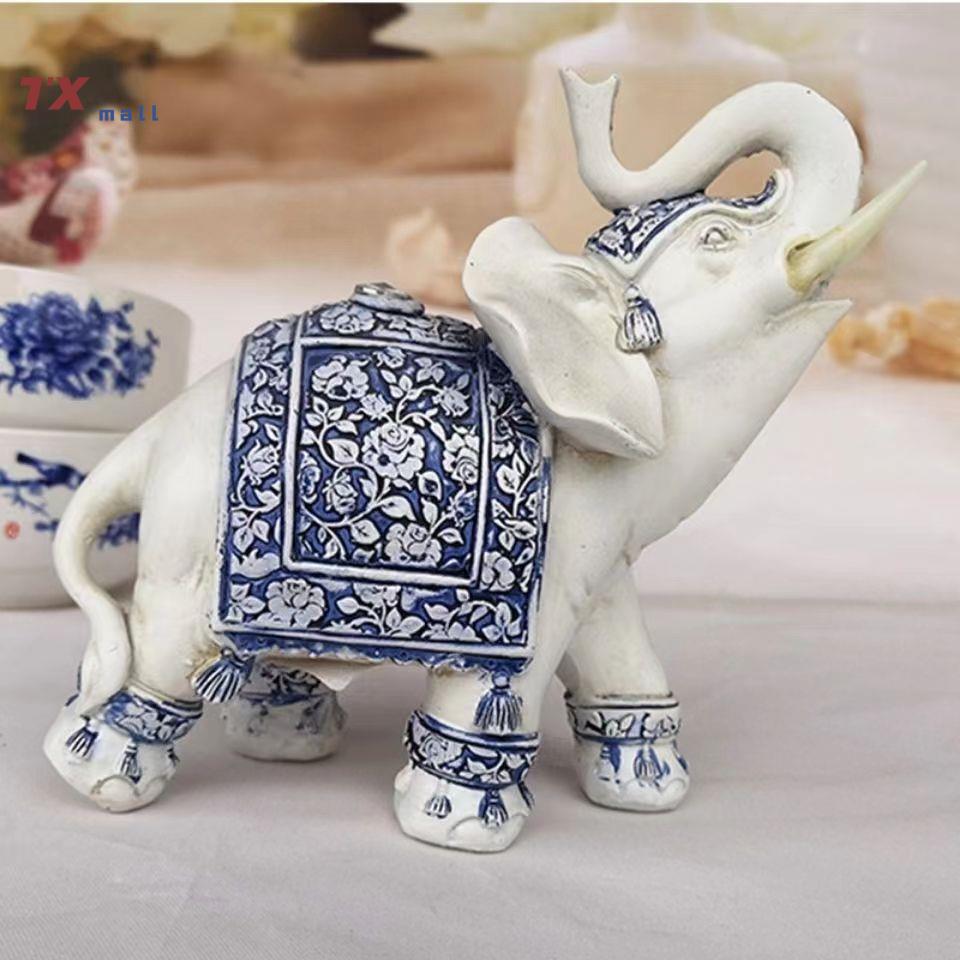 【NEW】 Lucky Feng Shui Blue and white porcelain Elephant Statue Sculpture Wealth Figurine Gift Home Decoration