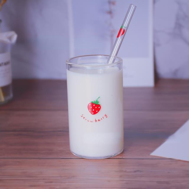 300Ml Strawberry Cute Glass Cup with Straw Creative Transparent Water