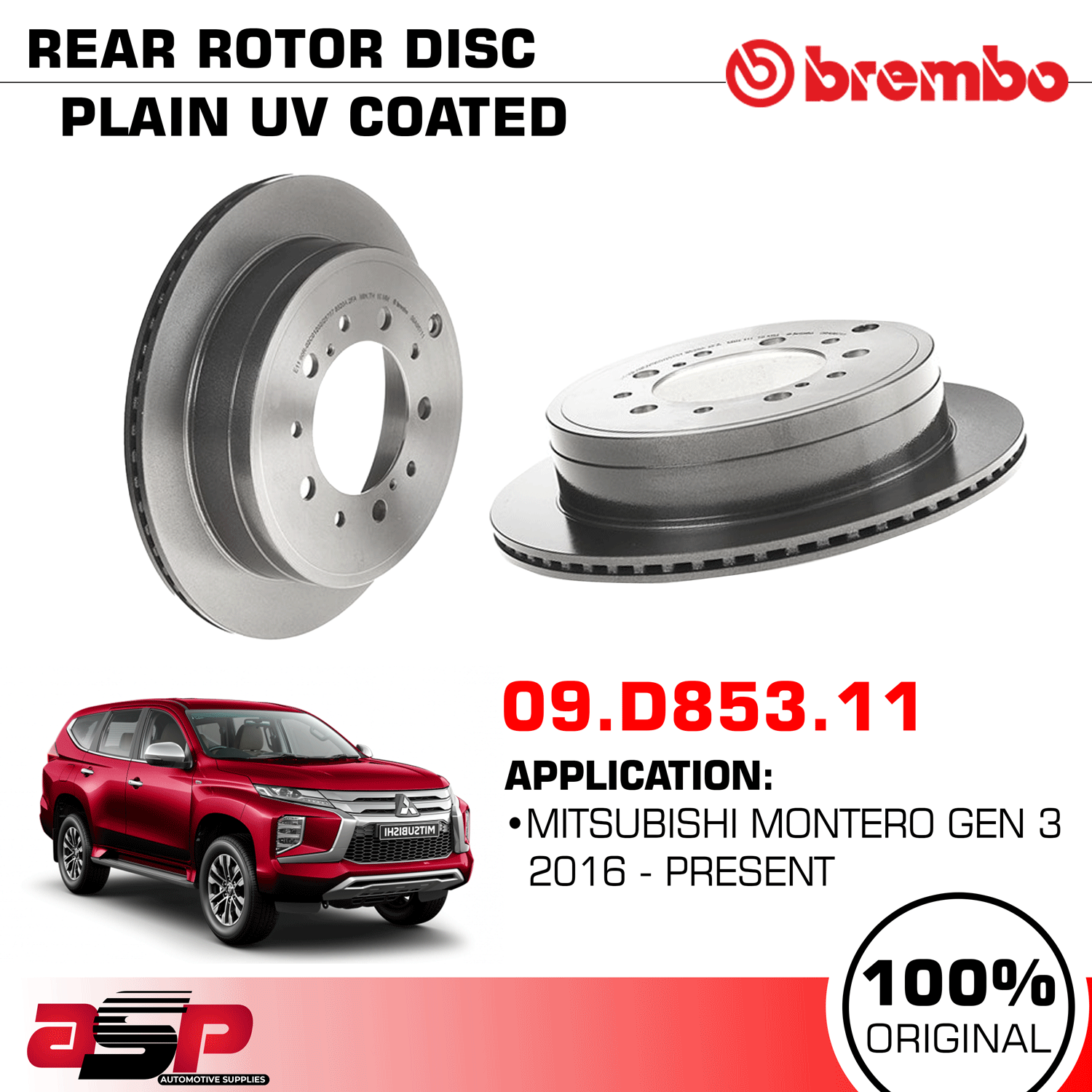 Brembo 09.D853.11 Special UV Coated Rear Brake Disc / Rotor Disc For