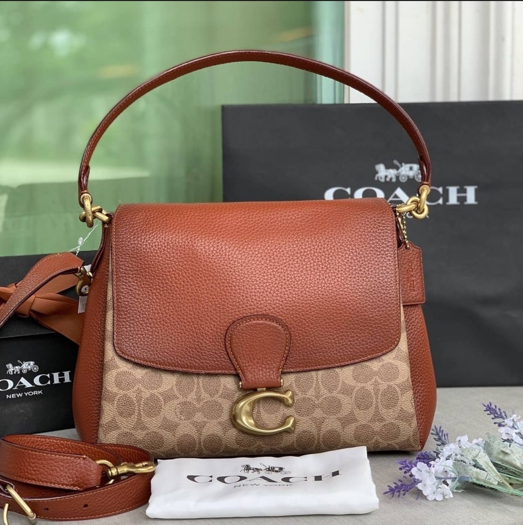 Coach 5229 May Shoulder Bag in Tan Signature Coated Canvas and Rust