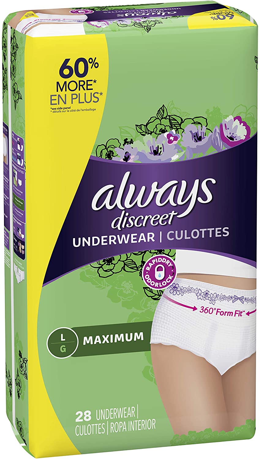 Always Discreet Underwear/Culottes Incontinence Underwear for Women, Maximum, Large 28 Count