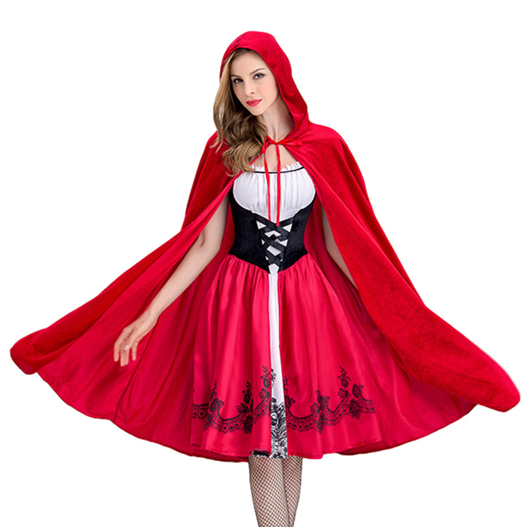 Women Little Red Riding Hood Costume Adult Christmas Halloween Party Dress With Cape Queen 5393