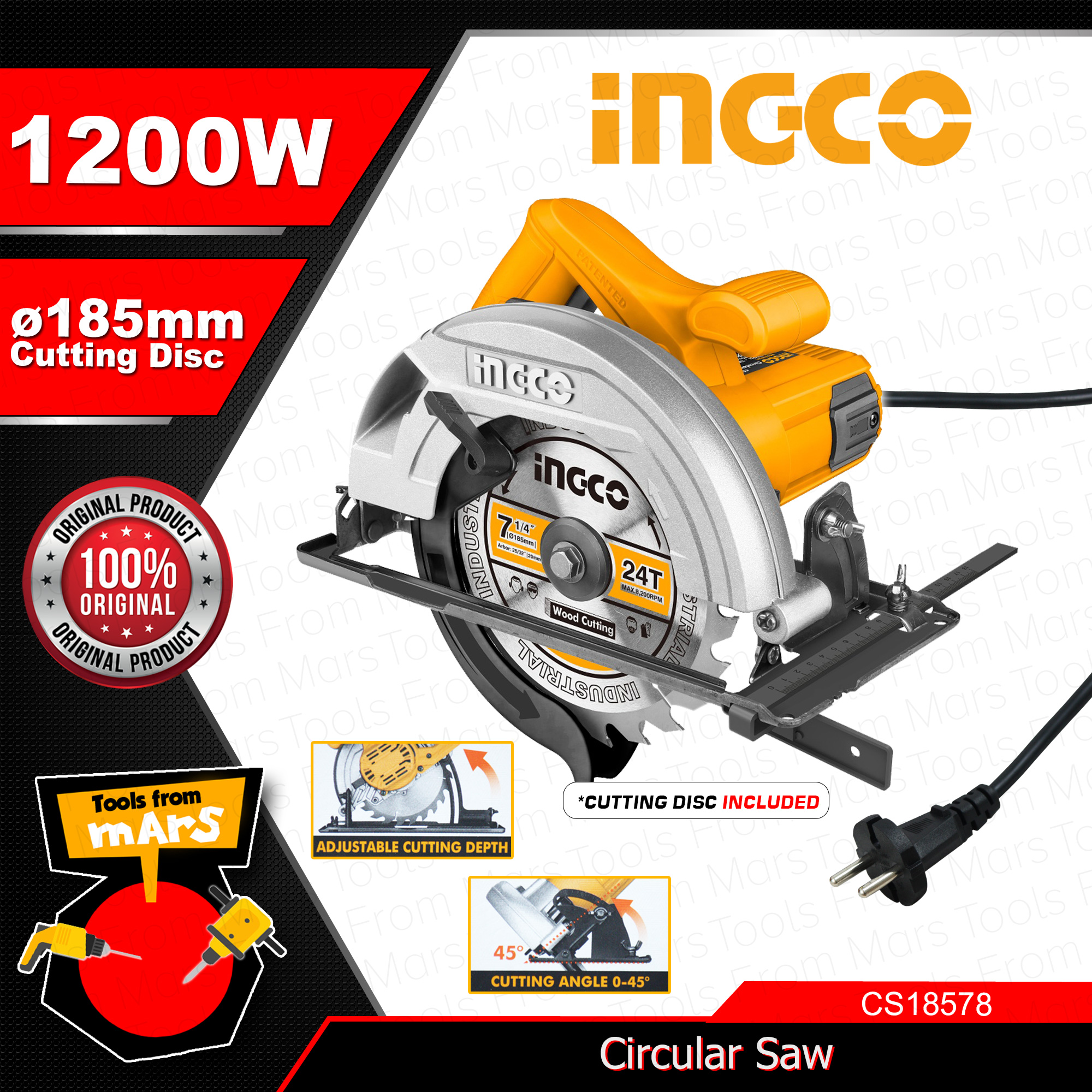 Ingco 1200w Electric Circular Saw Wood Cutter With 185mm Wheel Blade Select Woodworking Cutting 