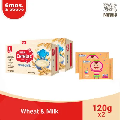 CERELAC Wheat & Milk 120g x 2 with FREE Uni-love Unscented Baby Wipes 11's (Pack of 2)