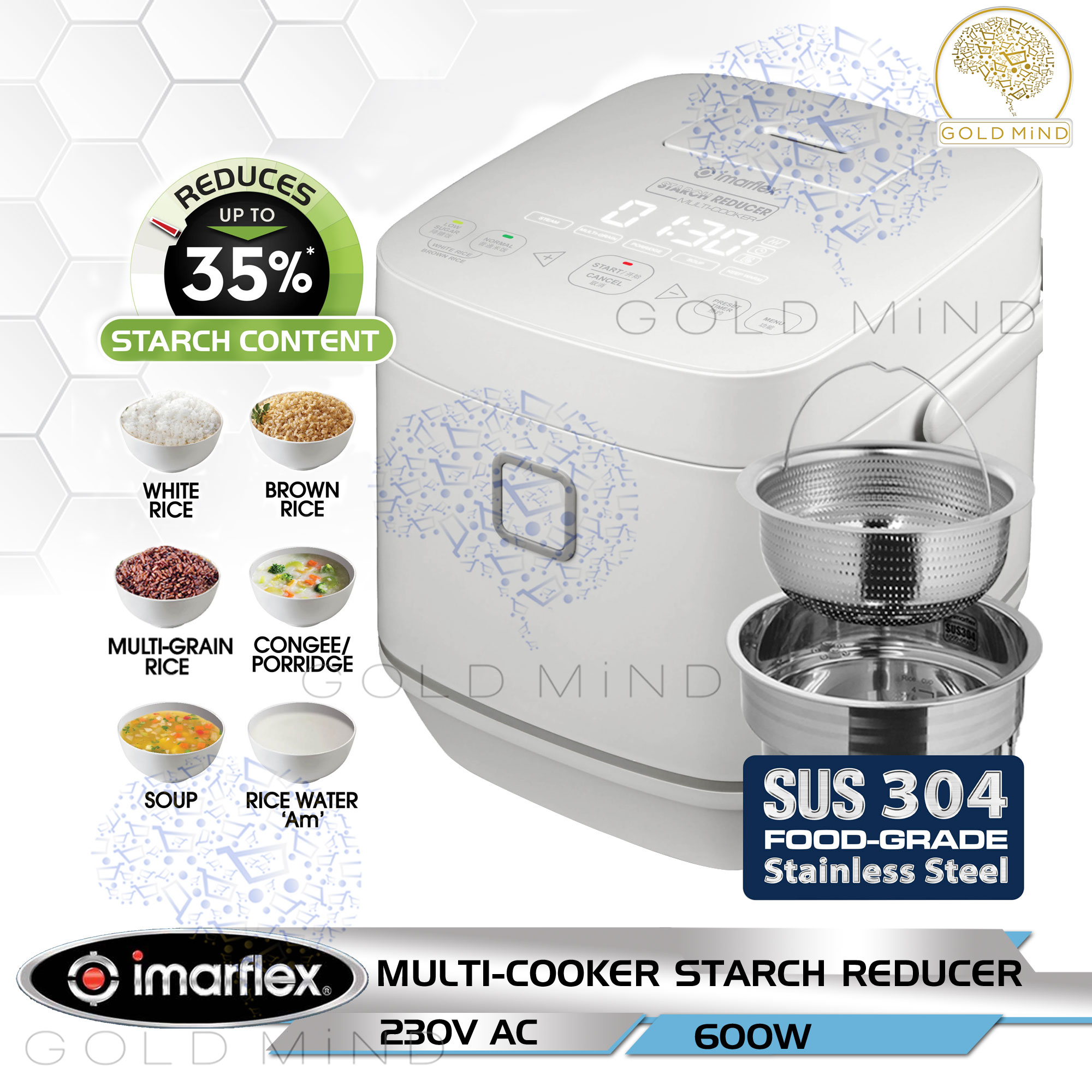 Imarflex Rice Cooker 2L Starch Reducer MultiCooker IRM247GTS Gold