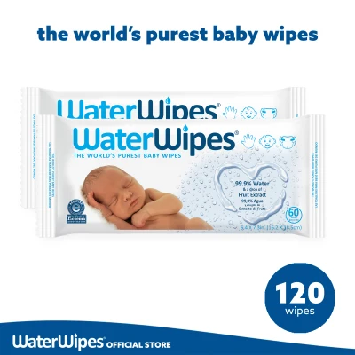 WATERWIPES World's Purest Baby Wipes - Original 2 x 60pk (120 wipes) Bundle Deal - Fragrance-Free for Premature and Newborn Babies, Sensitive & Eczema Prone Skin