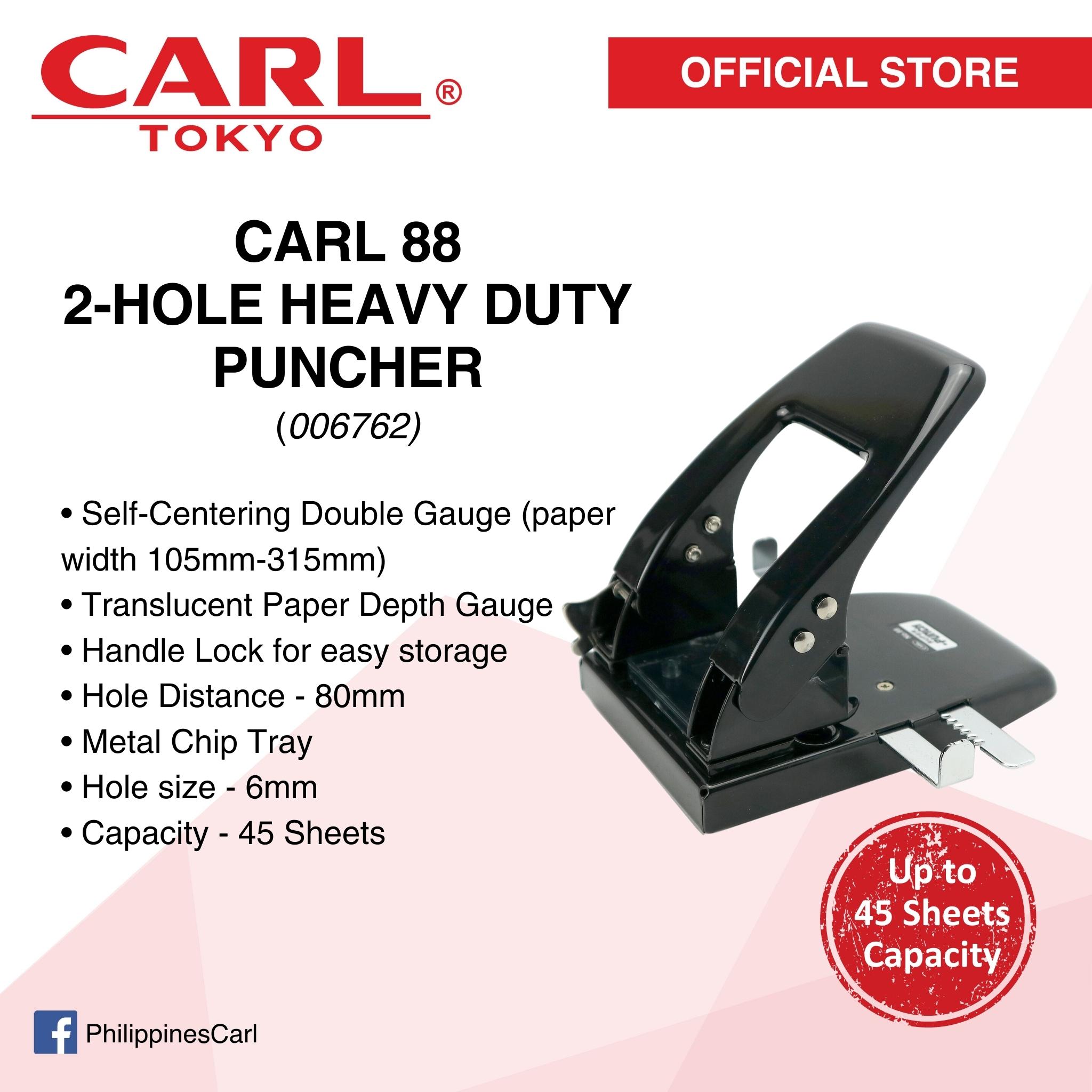 CARL 2-Hole Heavy Duty Puncher, Self-centering Double Gauge; Translucent  paper depth gauge; Metal Chip Tray; with handle lock, 6mm - Hole size, 80mm - Hole Distance, Capacity: 45 sheets, Model # 88