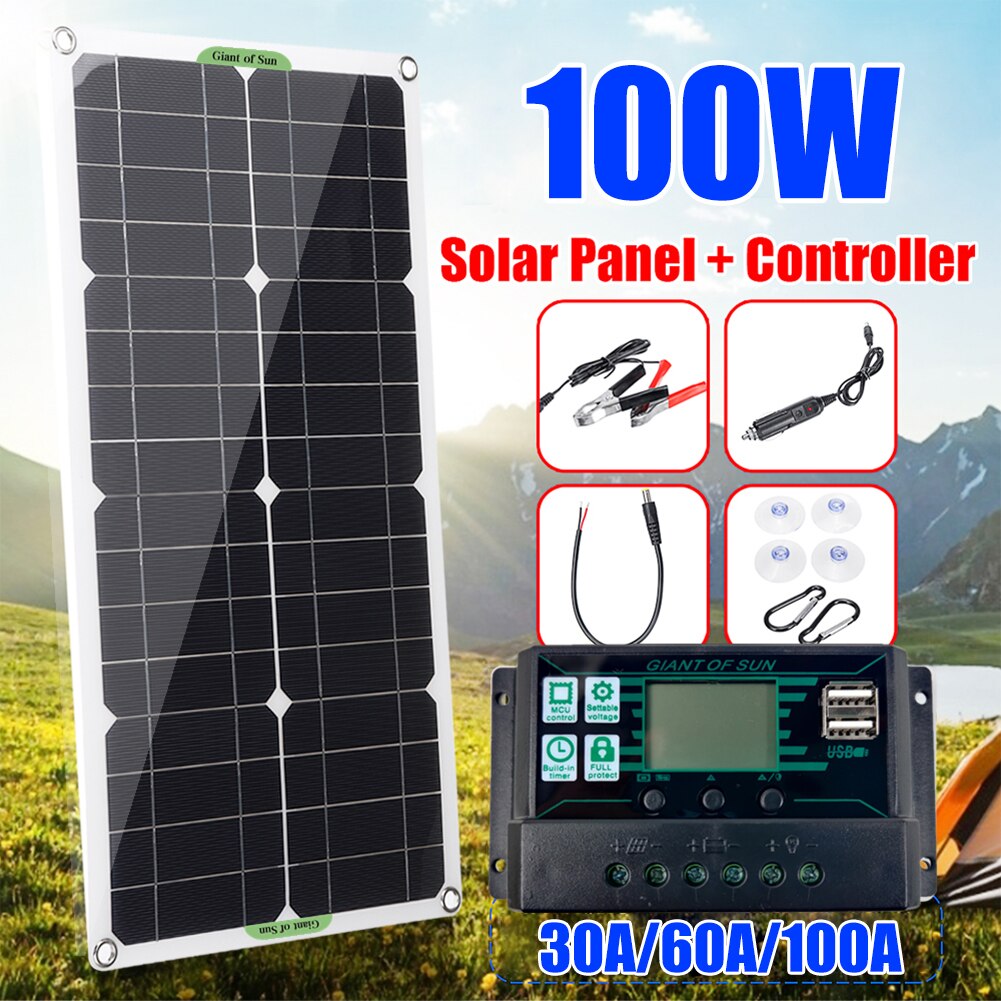 Bộ Tấm Pin Năng Lượng Mặt Trời 12/24V 100W Đơn Tinh Thể Với Bộ Điều Khiển 30A/60A/100A Đầu Ra USB Kép Cho Ô Tô/Thuyền Tấm Pin Năng Lượng Mặt Trời Chống Nước