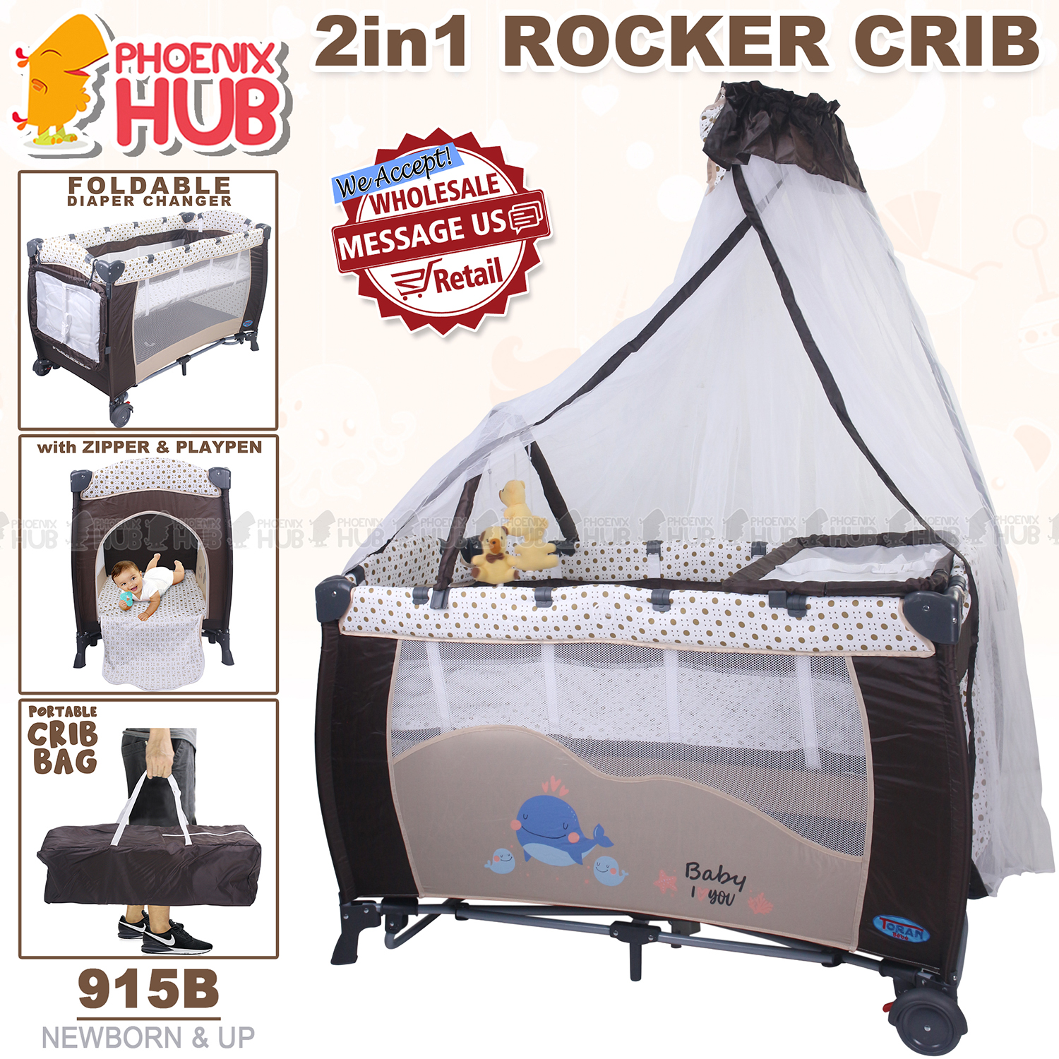 Phoenix Hub 915 2 in 1 Baby Rocker Crib Play Yard Playpen Baby Nursery ...