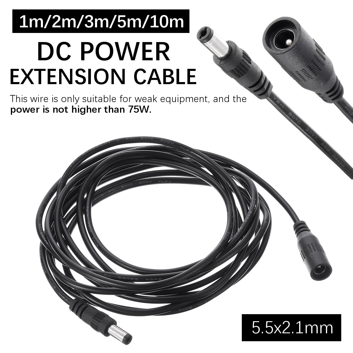 Dây cáp nối dài nguồn dc 1/2/3/5/10m 5.5x2.1mm dây cho thiết bị dưới 75w bộ chuyển đổi nguồn led cáp chuyển đổi camera cctv