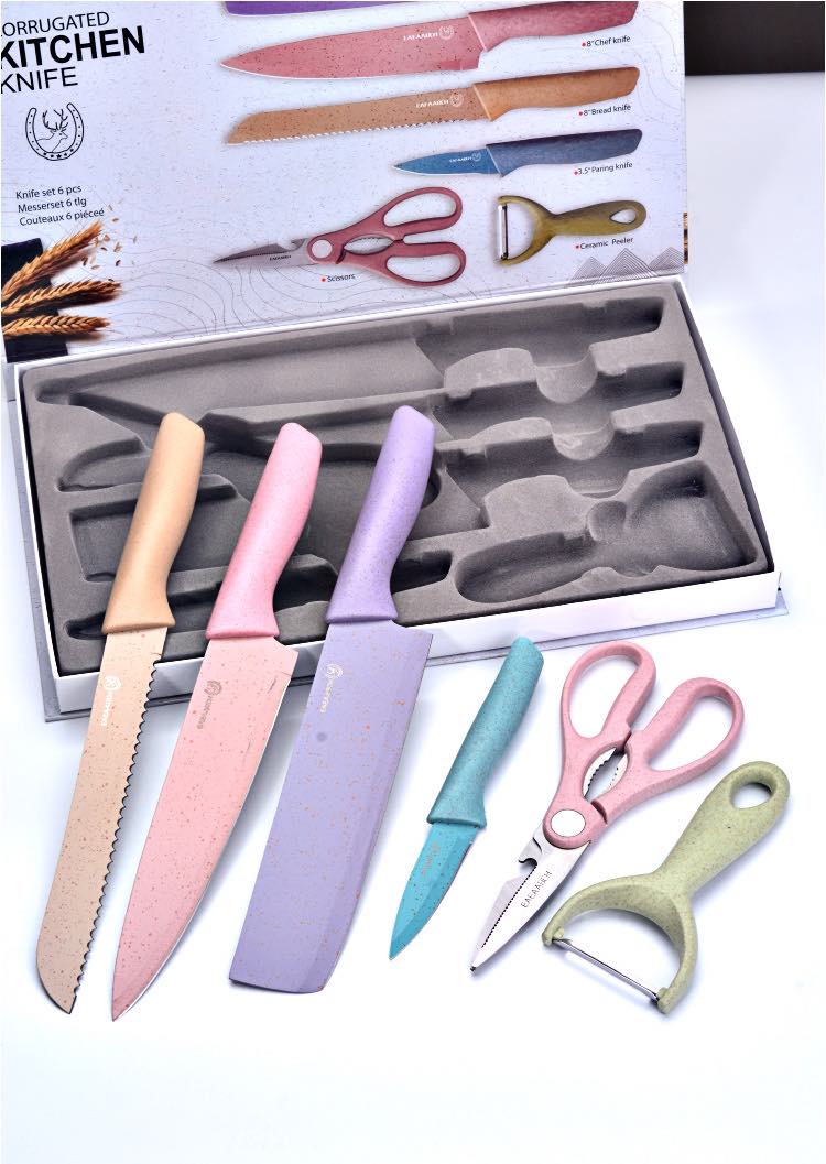 JS744 6pcs Kitchen Colored Knife Set - Knife Set - Non-Stick Cutlery Knife  Set - Corrugated Multicolored