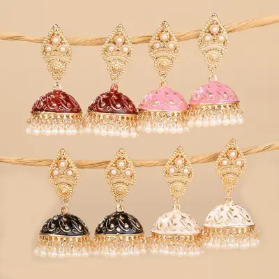 VETOST Oorbellen Hangers Bohemia Gypsy Jhumka Palace Earring Indian Style Earrings Flower Bell Shape Pearl Beads
