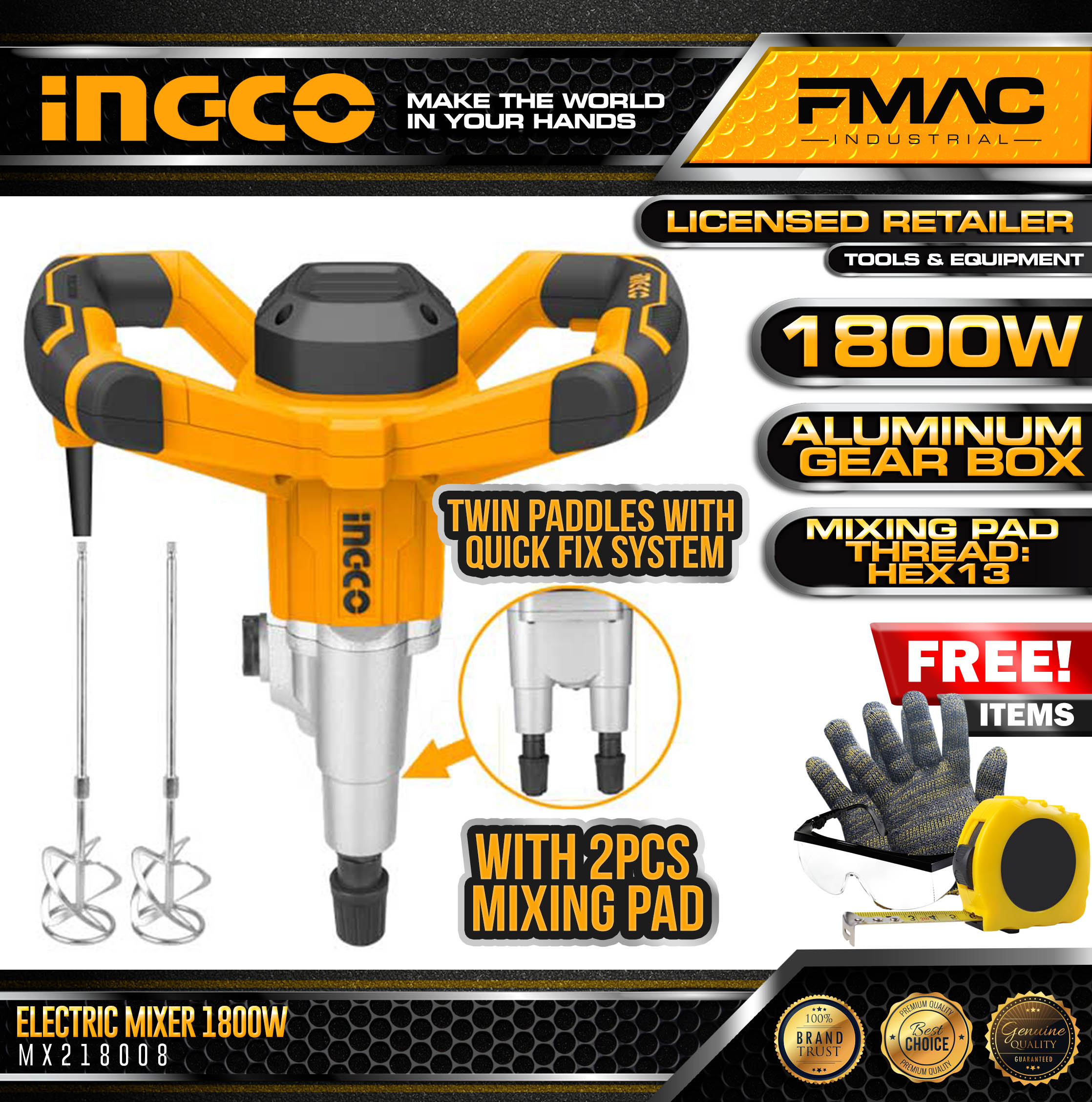 INGCO Industrial Mixer Twin paddles with quick fix system 1800W