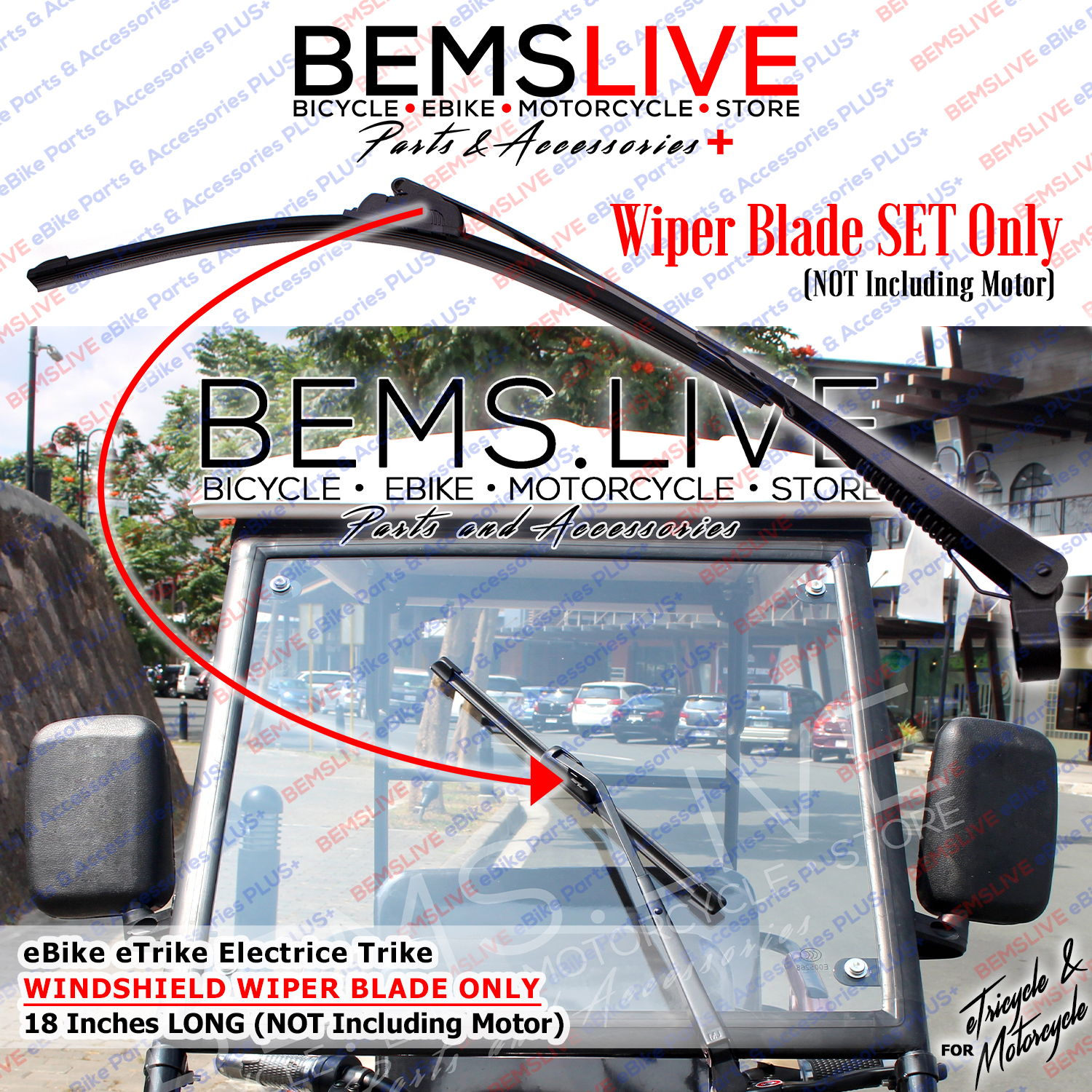 18" Long Wiper Blade & Holder eTrike Windshield Only SET for eTrike