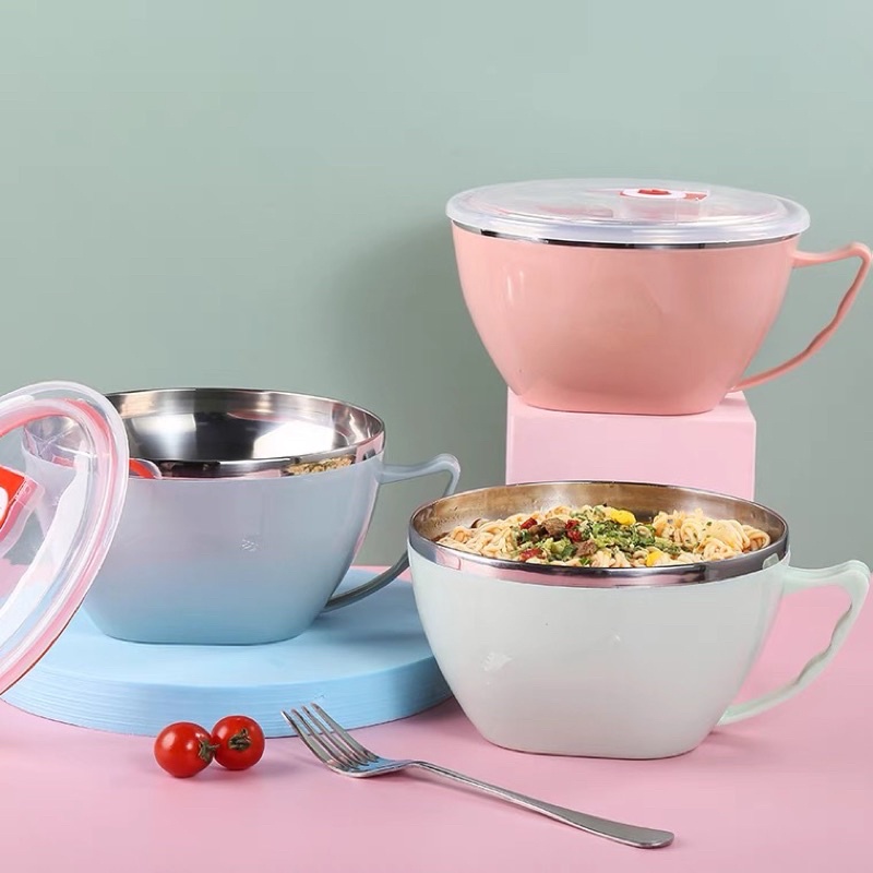 Stainless steel rice bowl with cover large capacity instant noodle bowl