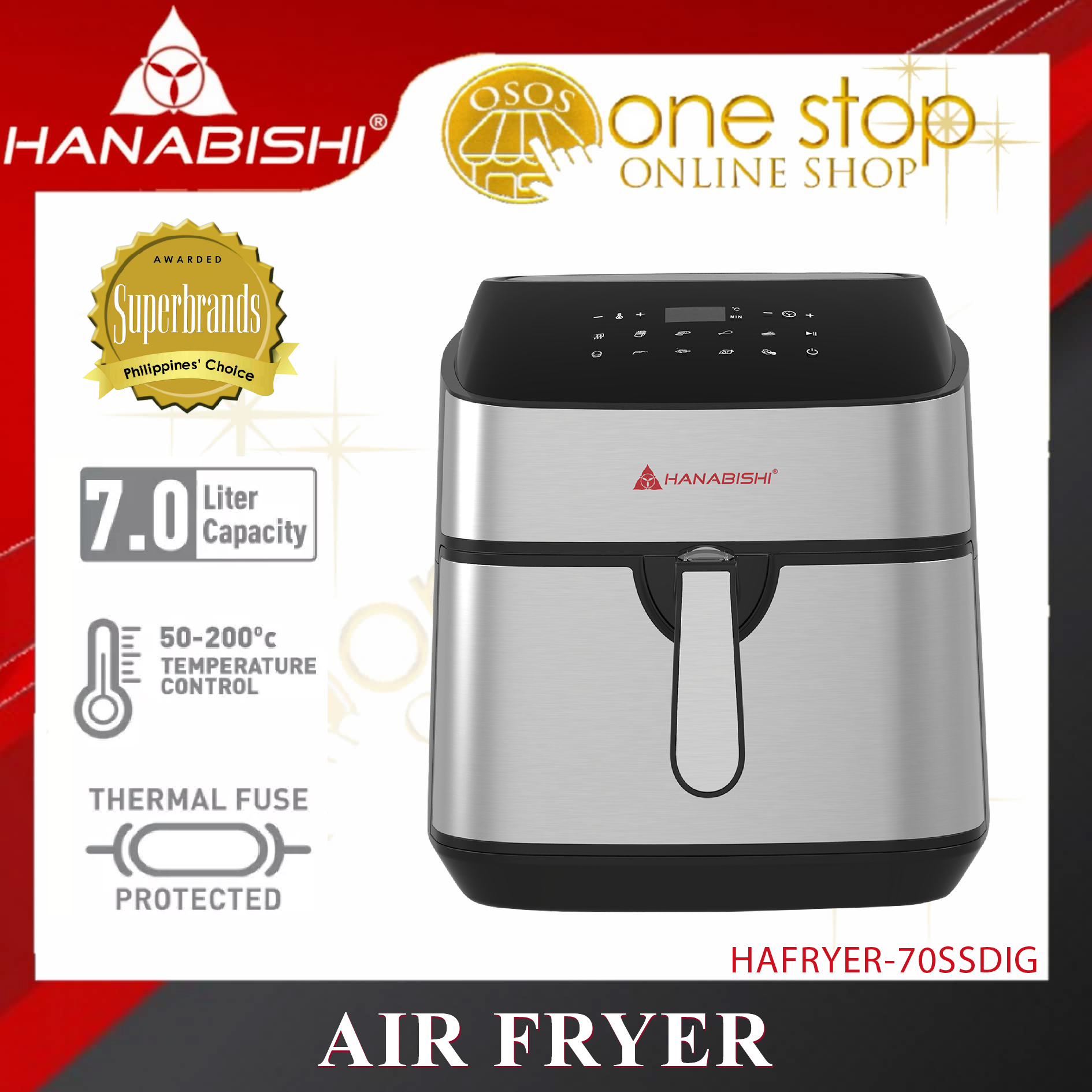 Hanabishi Original Digital 7Liter Air Fryer Bake Roast Toast Fry
