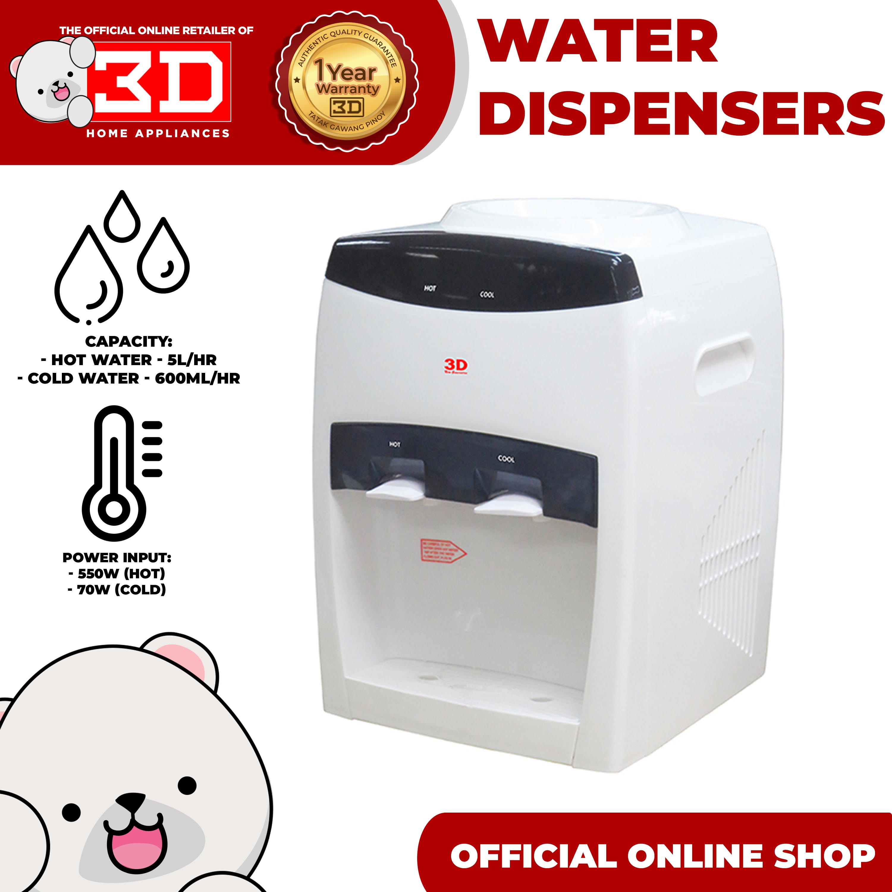 3D WD570ECT Hot & Cold Table Top Water Dispenser Lazada PH