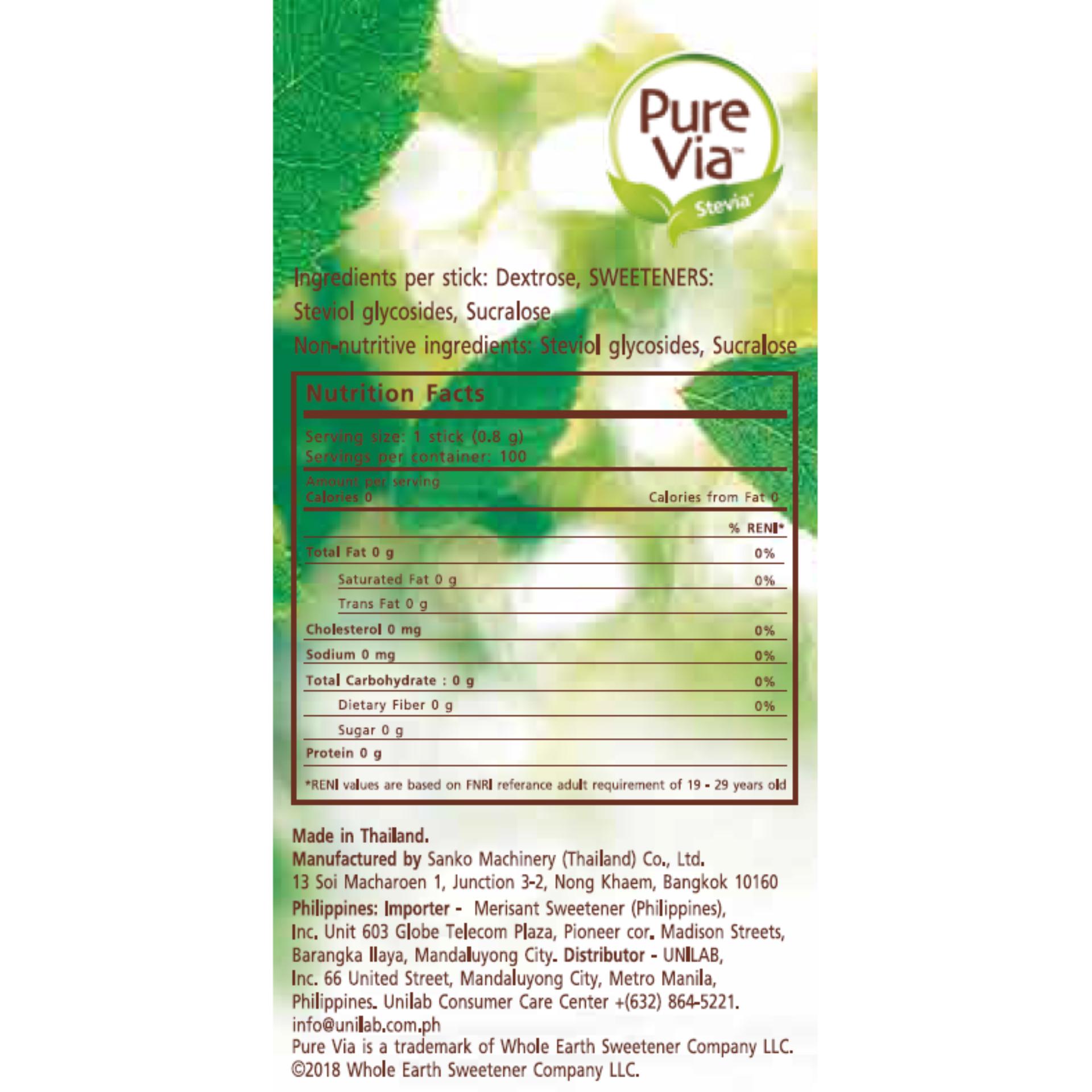 Pure Via Stevia 100 Sticks, Zero Calorie Sweetener , Stevia Leaf