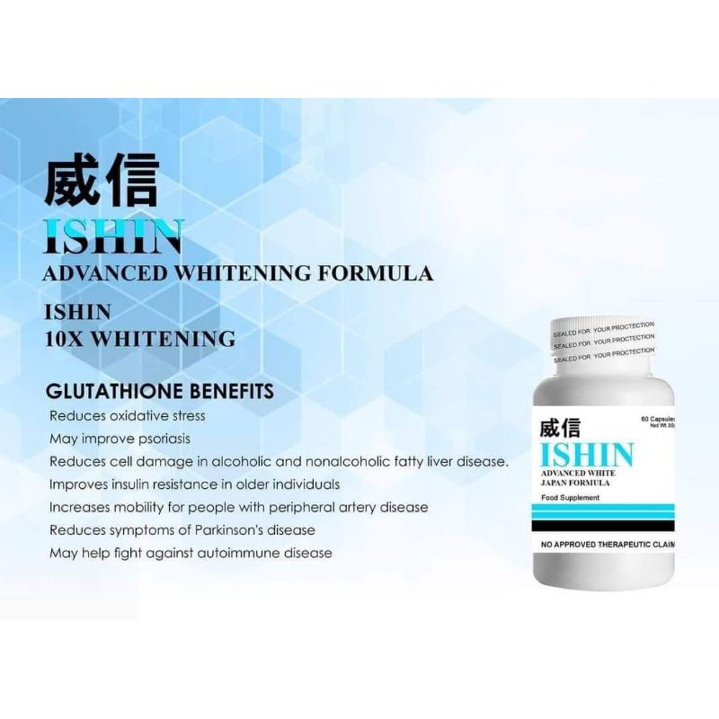ishin glutathione benefits A little daily glow goes a long way. Premium Plus 700mg combines three forms of glutathione to help support antioxidant protection, natural detoxification, and immune wellness. With added fish ISHIN PREMIUM - 60 Capsule