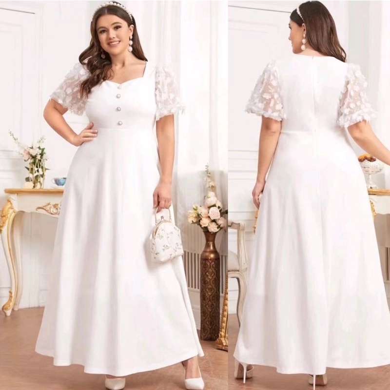 New Arrival Casual Dress white plus size maxi dress for Women lace sleeve  party dress up to xl free size