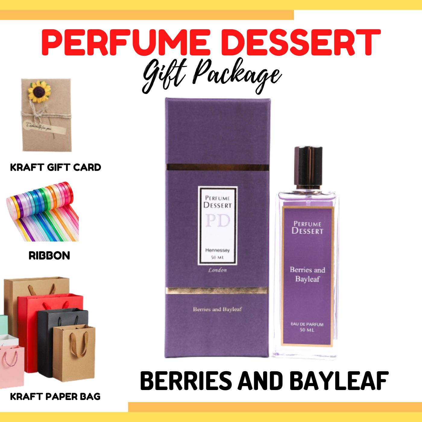 Perfume Dessert London BERRIES AND BAYLEAF 50ml with Kraft Bag , Ribbon