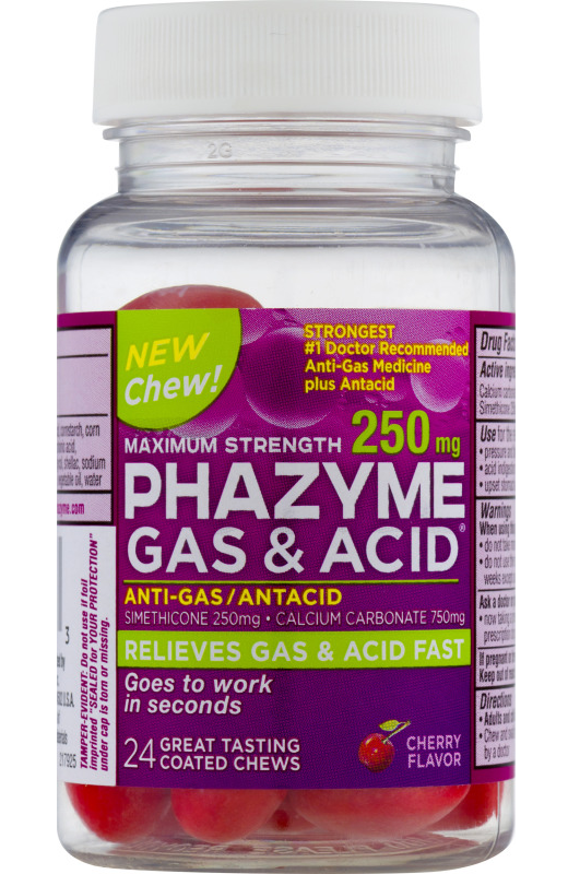 Phazyme Maximum Strength 250mg Gas & Acid Chews, Cherry Flavor, 24