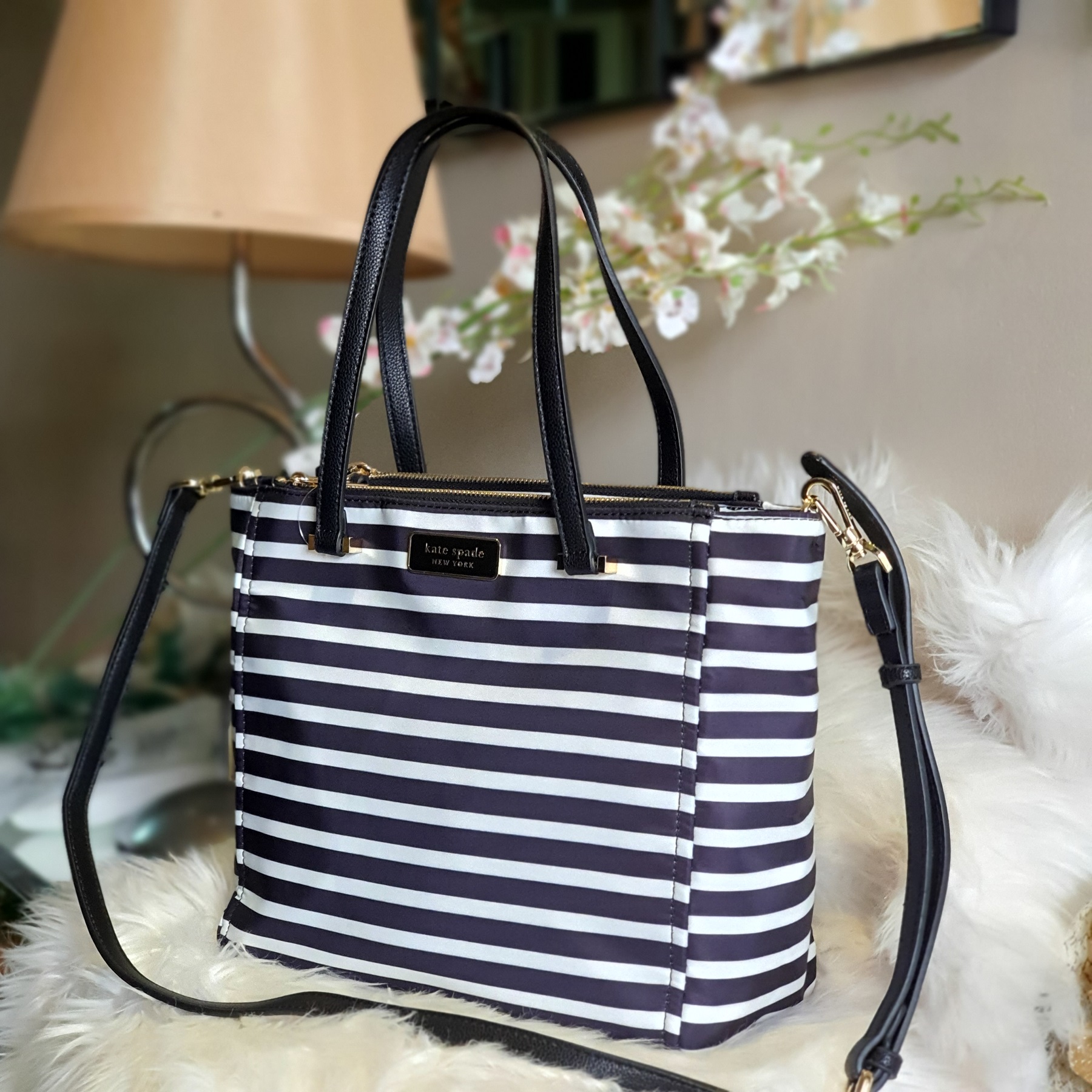 Top Brand Kate Spade Black/White Stripes Print Medium Classic Dawn Satchel  Two Zip and Tab Closure Women's Nylon Bag | Lazada PH
