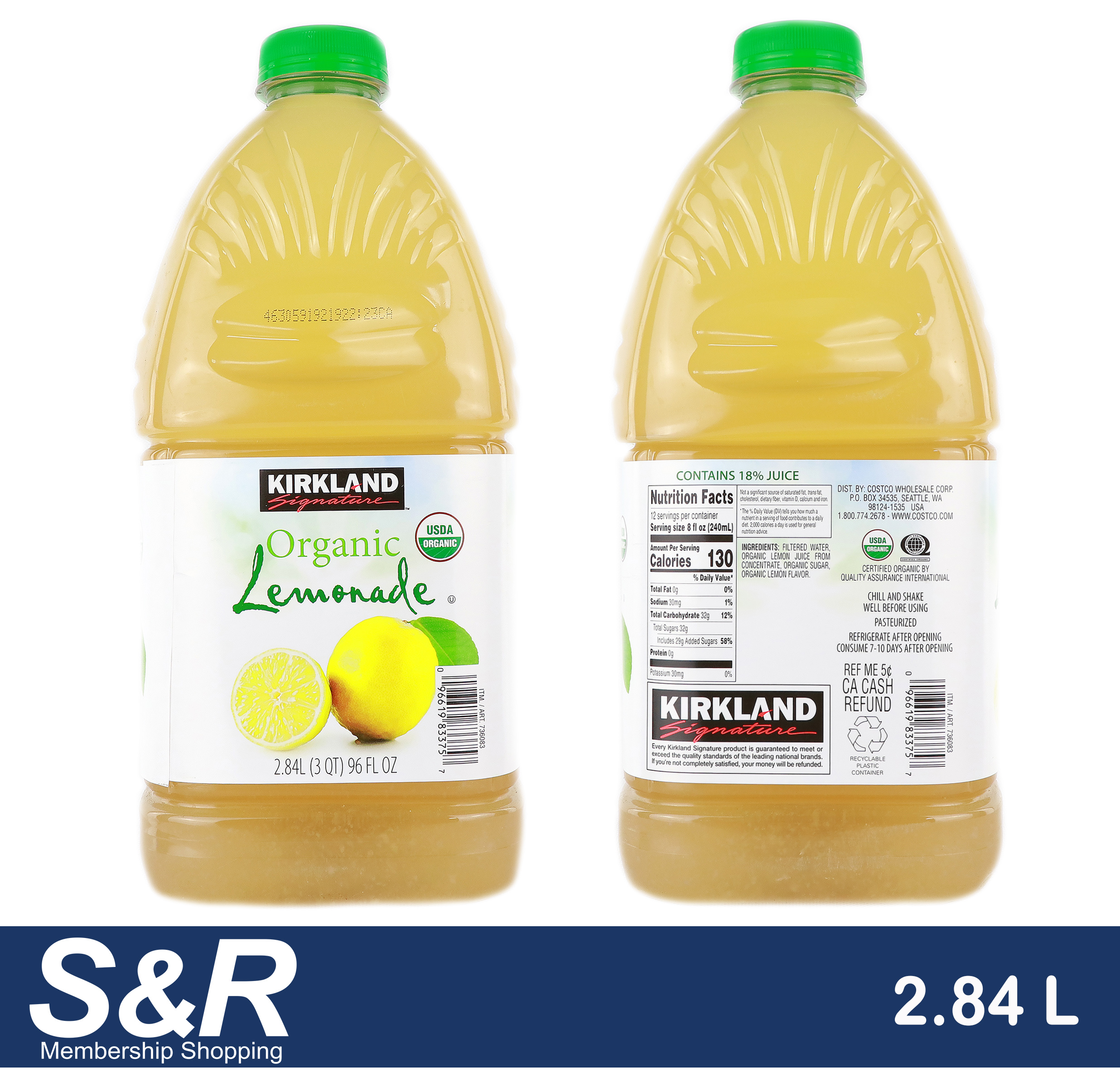 Kirkland Signature Organic Lemonade Juice Drink 2.84L Exp Jul 26, 2023
