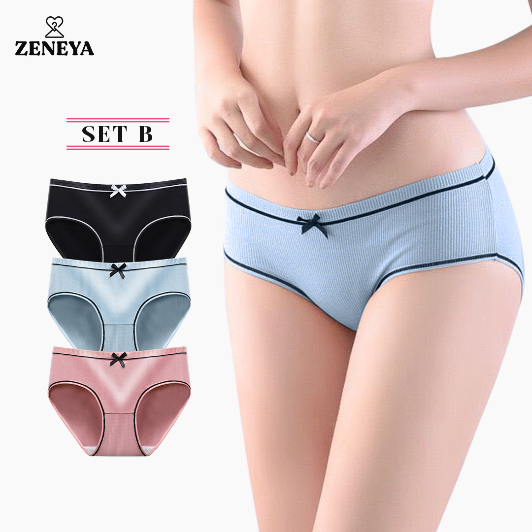 Set of 3 pcs) Zeneya Plain Cotton Panty For Women with Ribbon Underwear  Undies Panties A05