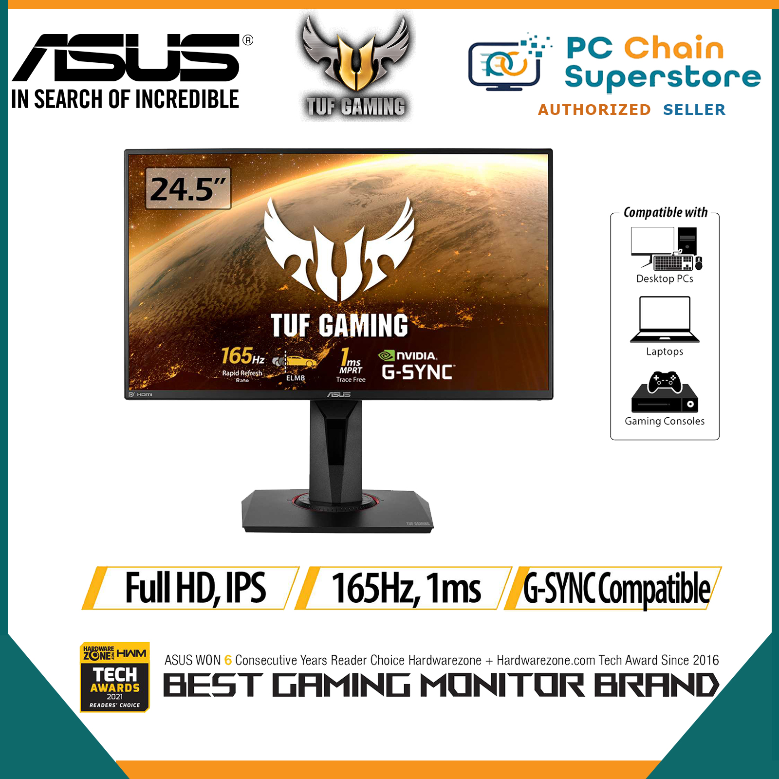 ASUS TUF Gaming VG259QR Gaming Monitor – 24.5 inch Full HD (1920 x 1080) IPS,  165Hz, Extreme Low Motion Blur™, G-SYNC Compatible ready, 1ms (MPRT),  Shadow Boost Lazada PH