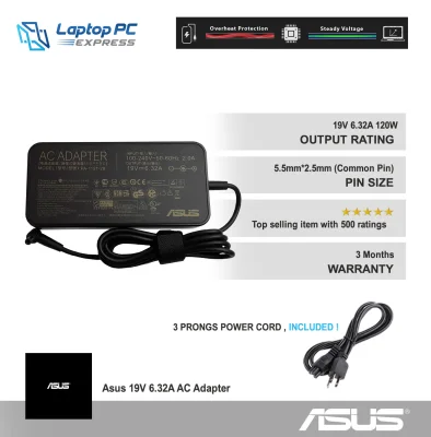 Asus laptop notebook ac charger adapter: 19v, 6.32a 120w 5.5mm x 2.5mm for Asus N750, N500, G50, N53S, N55