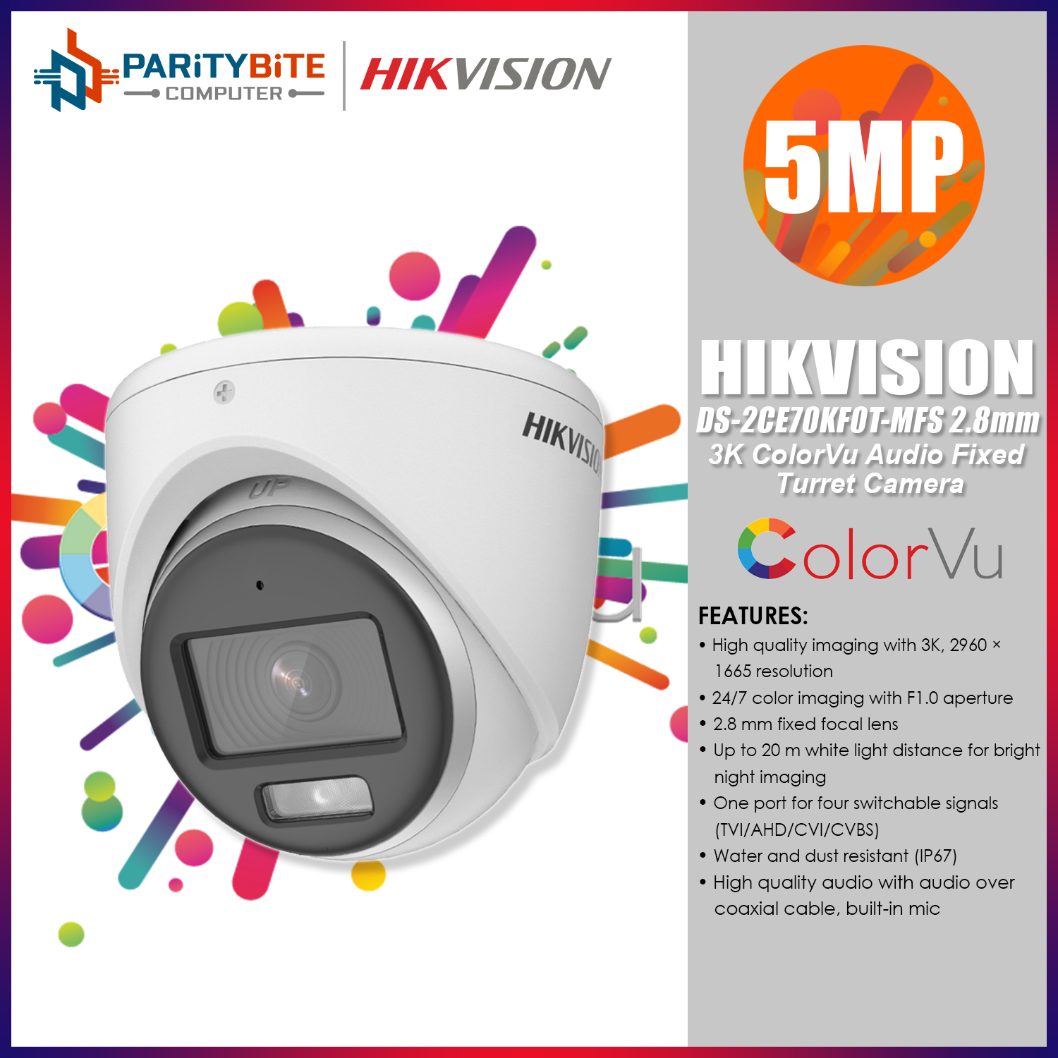 HIKVISION DS2CE70KF0TMFS 3K / 5MP 2.8mm Colorvu CCTV Camera with