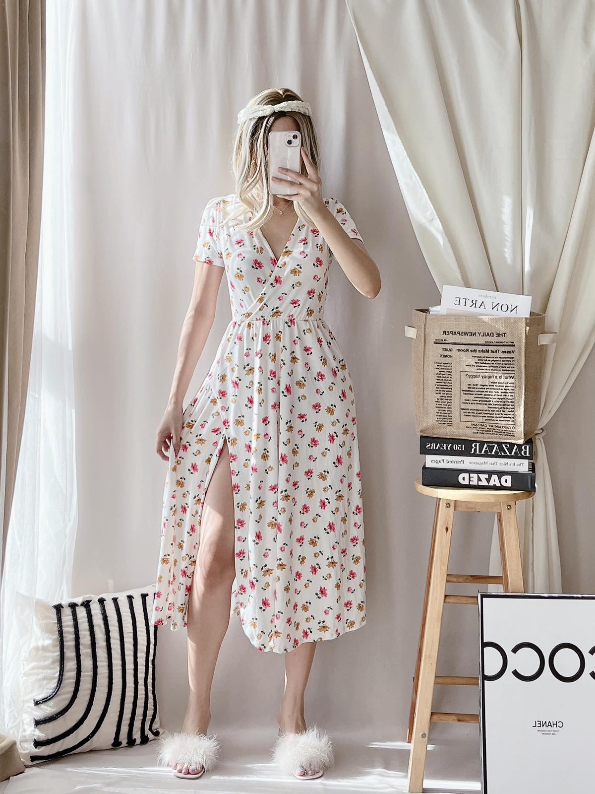 AEE Vintage French Style Cotton V Neck Floral Short Sleeve A-Line Midi  Dress With Slit